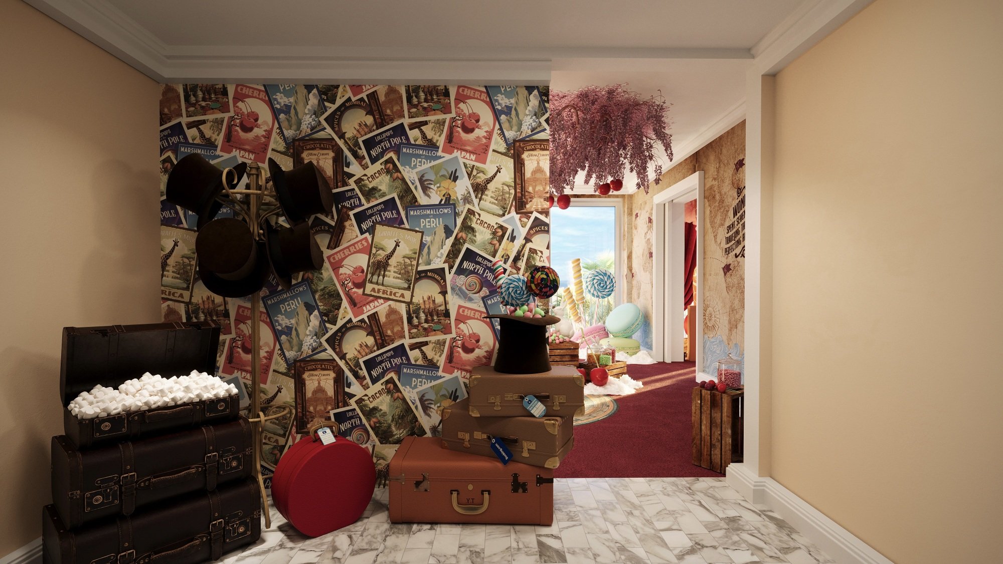 A "Wonka"-themed hotel room with a wall of vintage travel posters and a trunk of marshmallows.