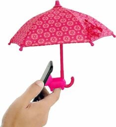 A mini umbrella, attached to the back of a phone to cover it from above. It's hot pink.