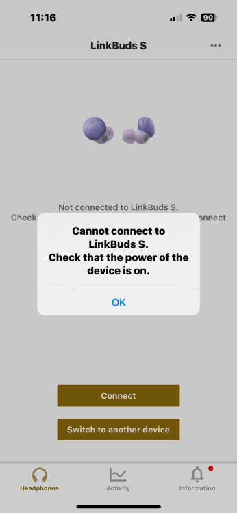 Screenshot of an in-app screen that shows the LinkBuds S not connecting