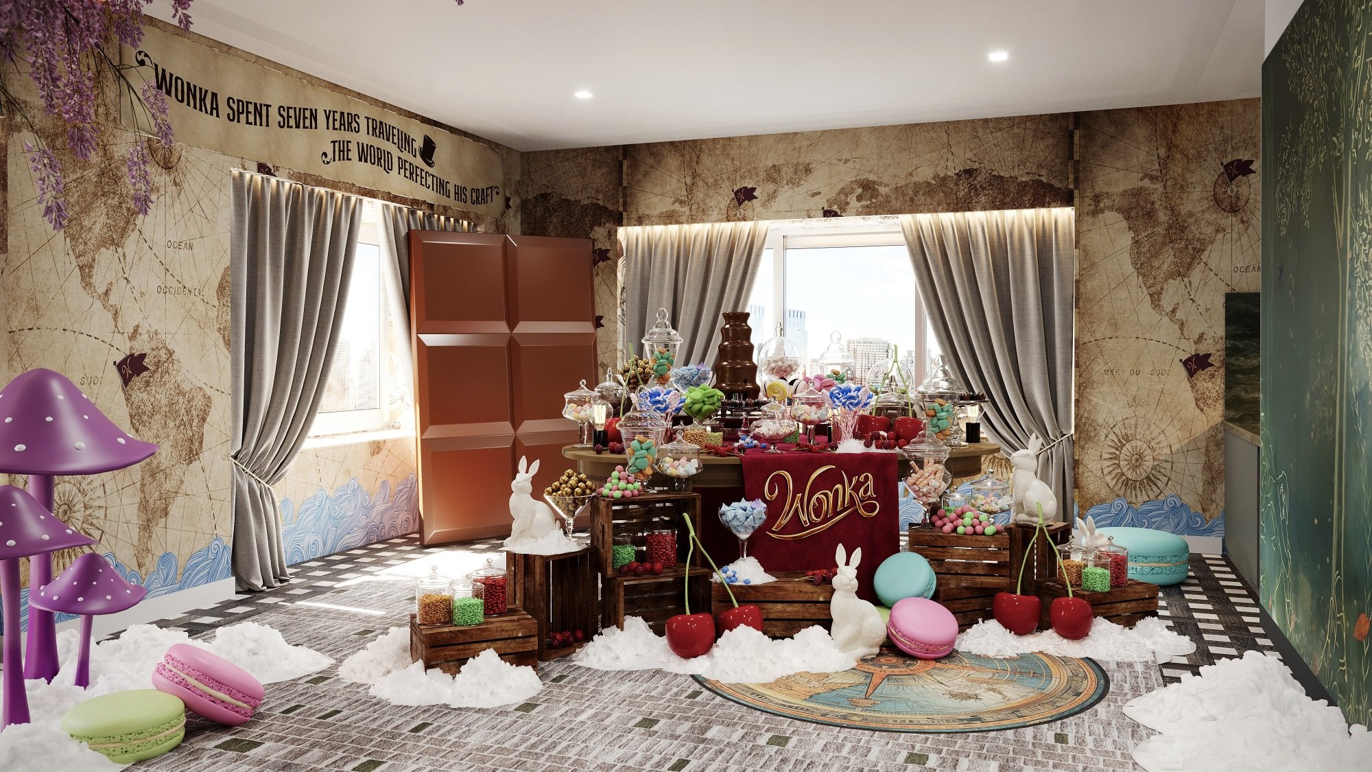 A "Wonka"-themed hotel room full of chocolates and candy.