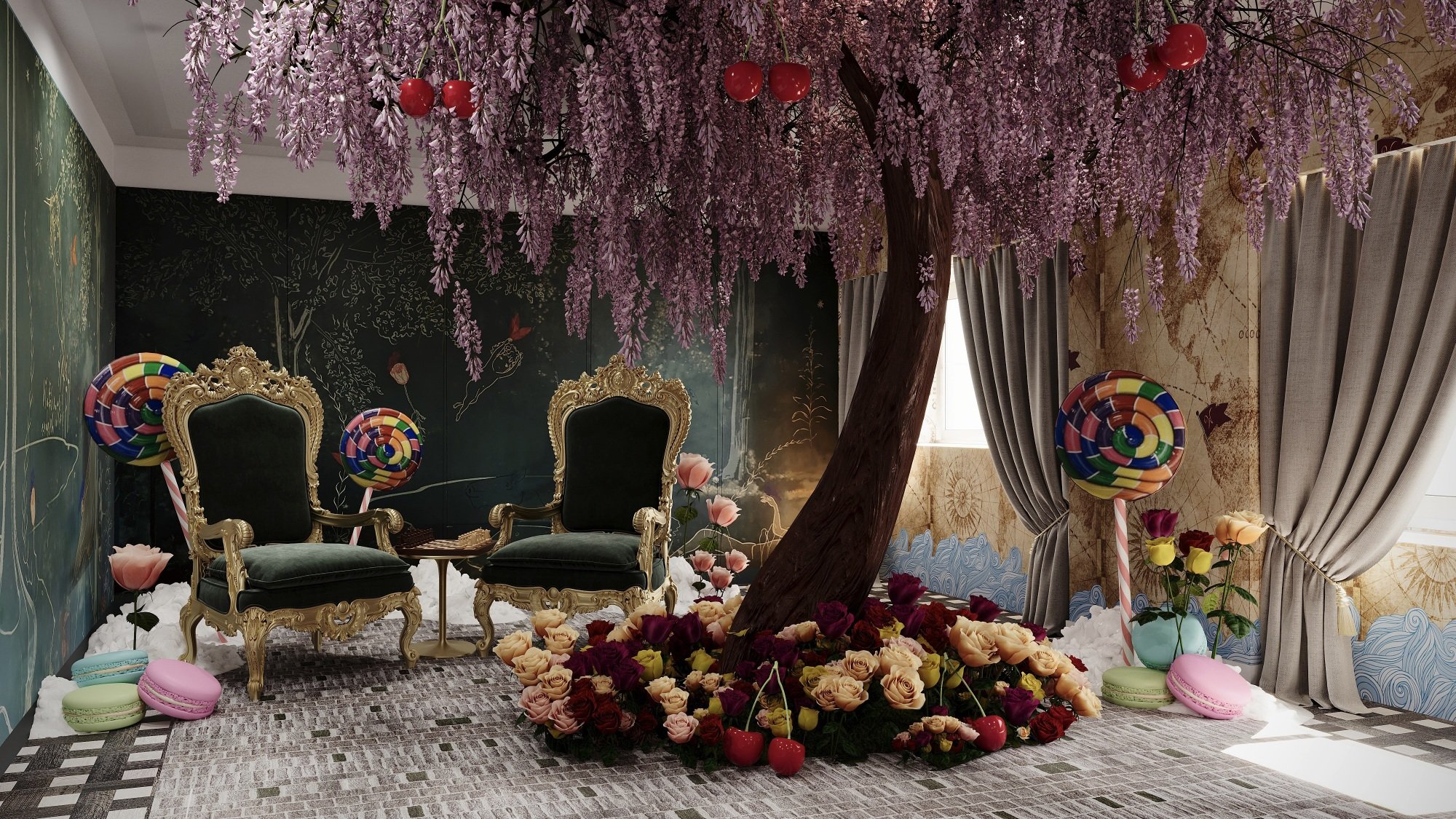 A "Wonka"-themed hotel room with a large chocolate tree at its center.