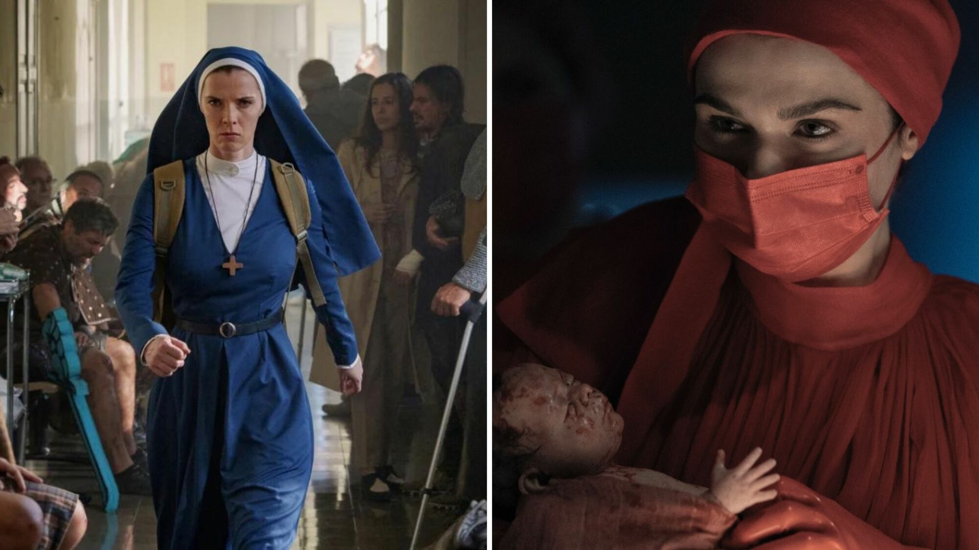Two images: A nun in a blue habit striding through a hospital hallway full of injured men, and a woman in a red doctor's gown and medical mask holding a baby.