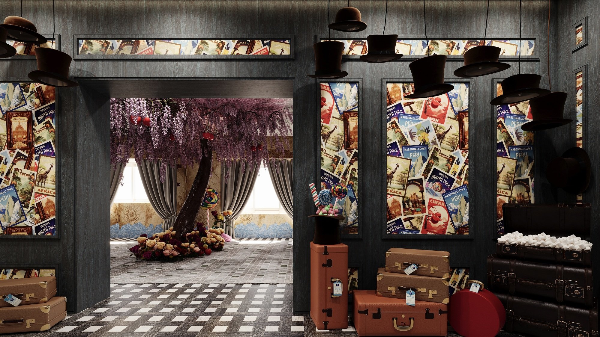A "Wonka"-themed hotel suite, including a large chocolate tree, vintage travel posters, floating top hats, and a trunk full of marshmallows.
