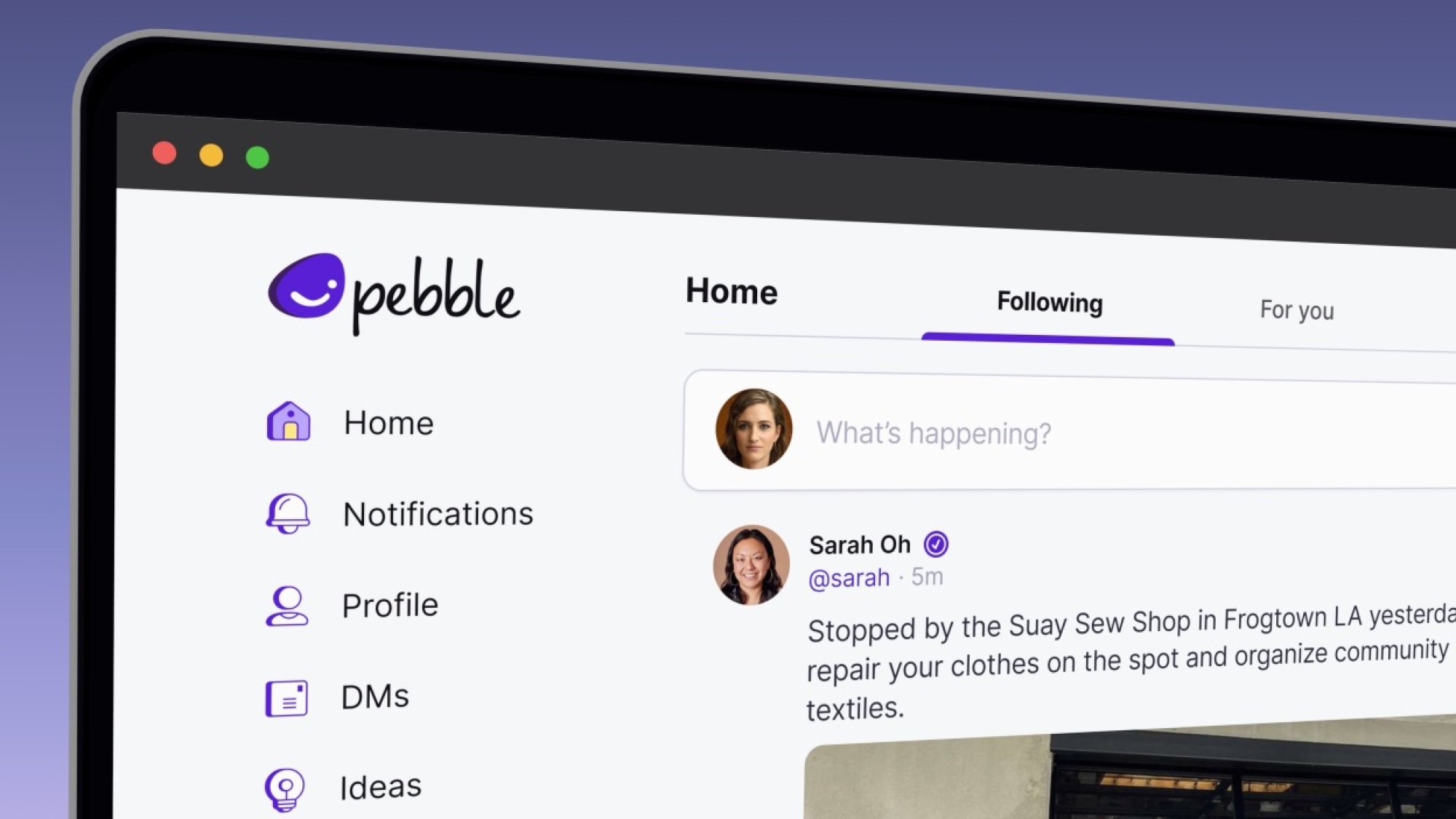 The pebble app homepage on a desktop