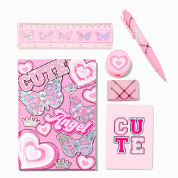Pink and silver set, laid out next to each other: pen, eraser, ruler, pencil sharpener, notebook, and mini notepad.