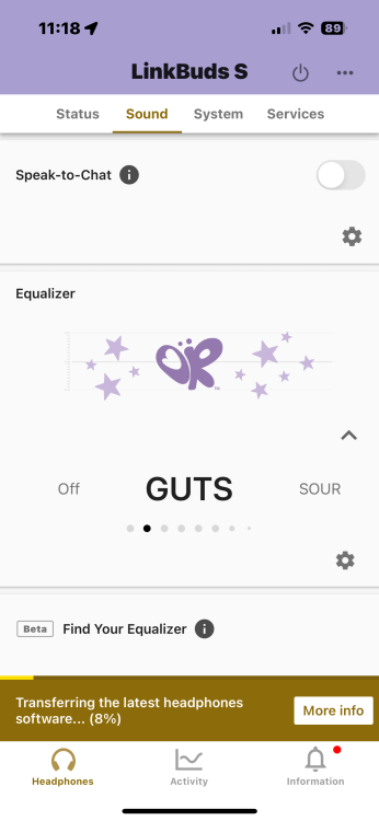 Screenshot of the custom GUTS EQ setting on the Sony app, programmed by Olivia Rodrigo and her producer