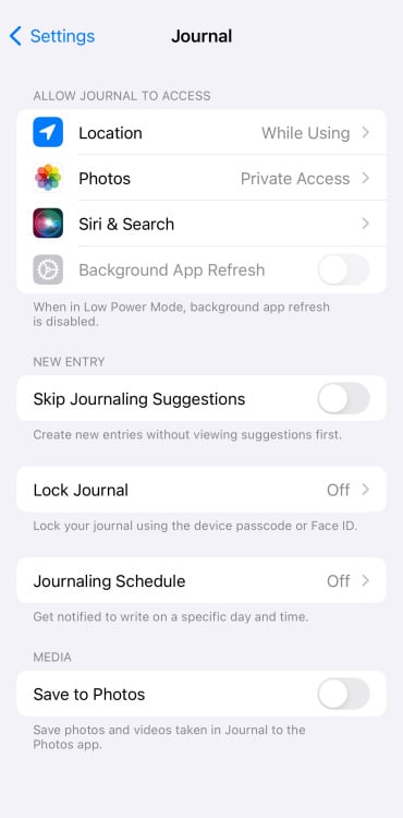 A screenshot of the Journal app settings menu.