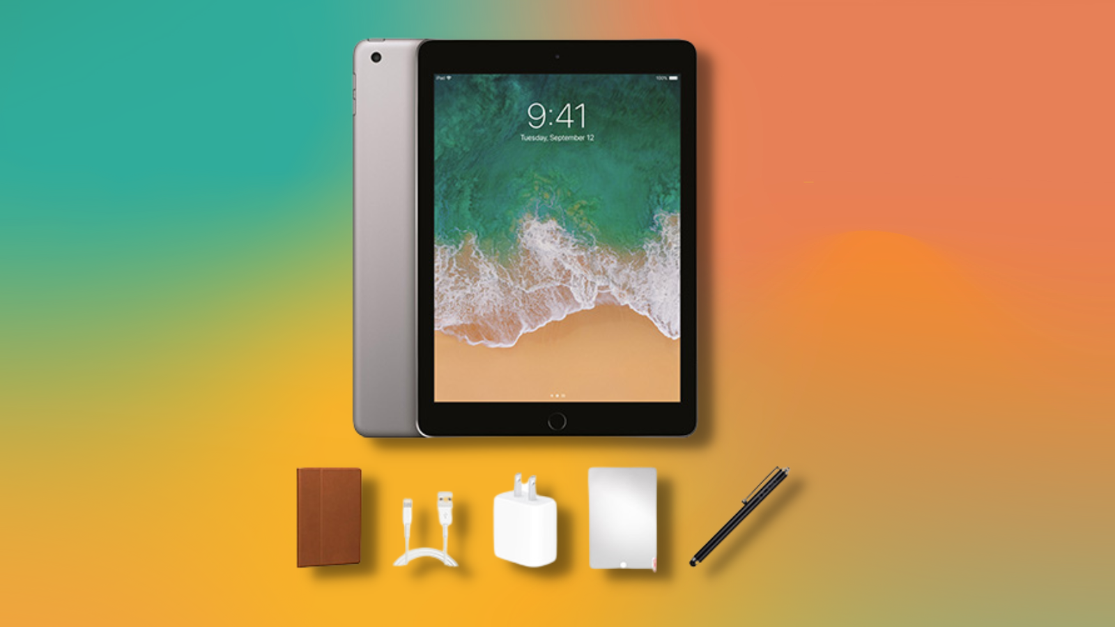 ipad with accessories against blue and orange gradient background