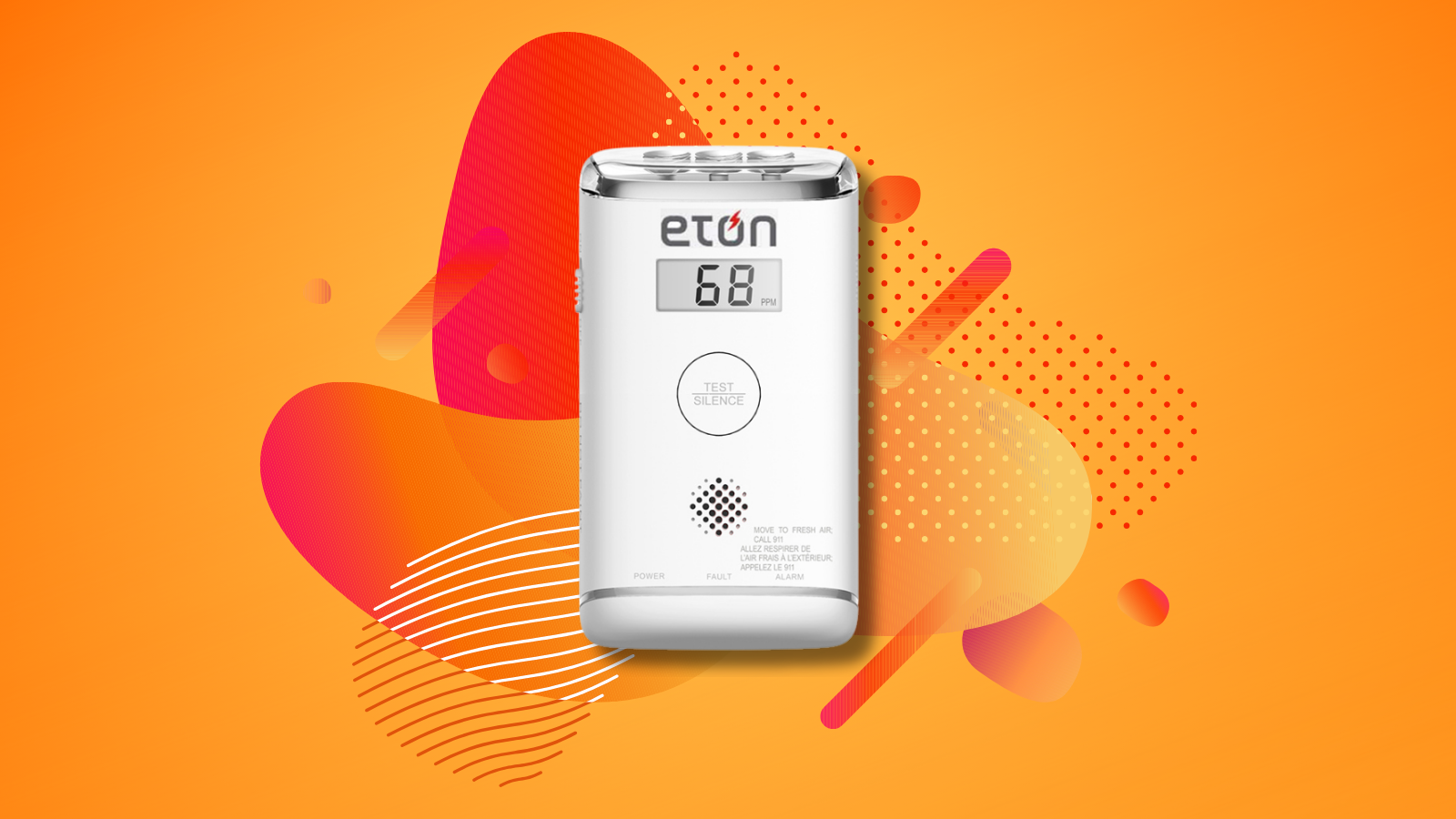 Eton carbon monoxide alarm with orange gradient background