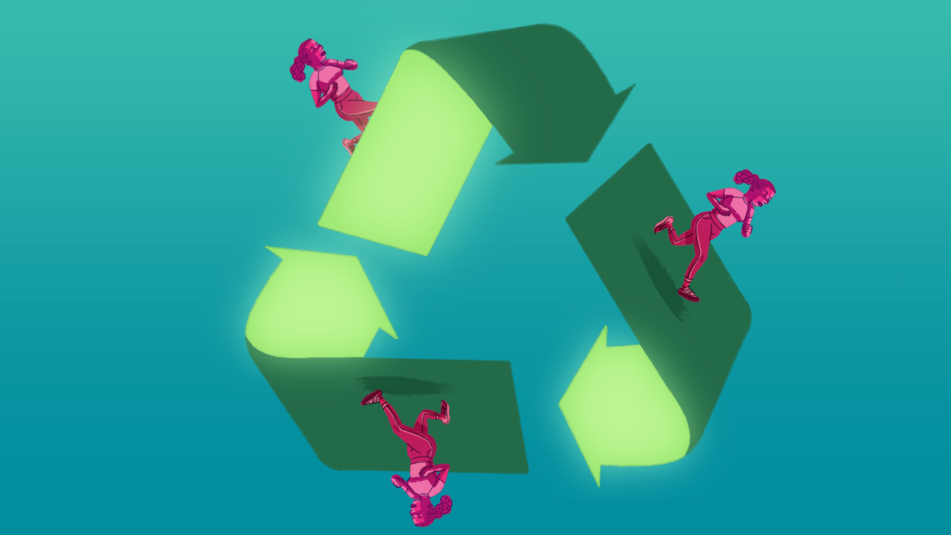 An illustration of a recycling symbol with people walking on top of it.