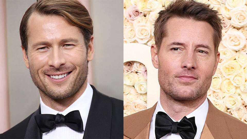 Two side-by-side photos of two men in suits on the red carpet at an awards ceremony.