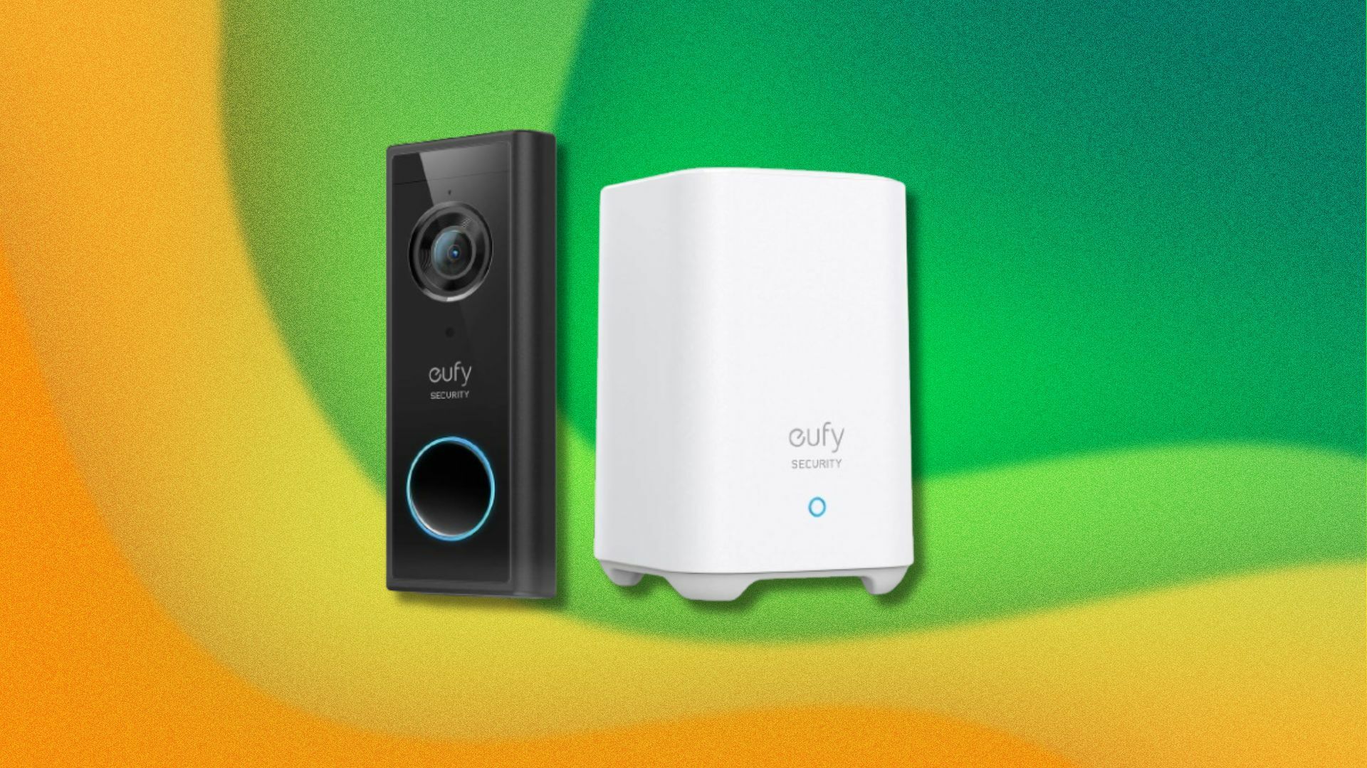 a eufy security video doorbell kit on a yellow and green wavy background