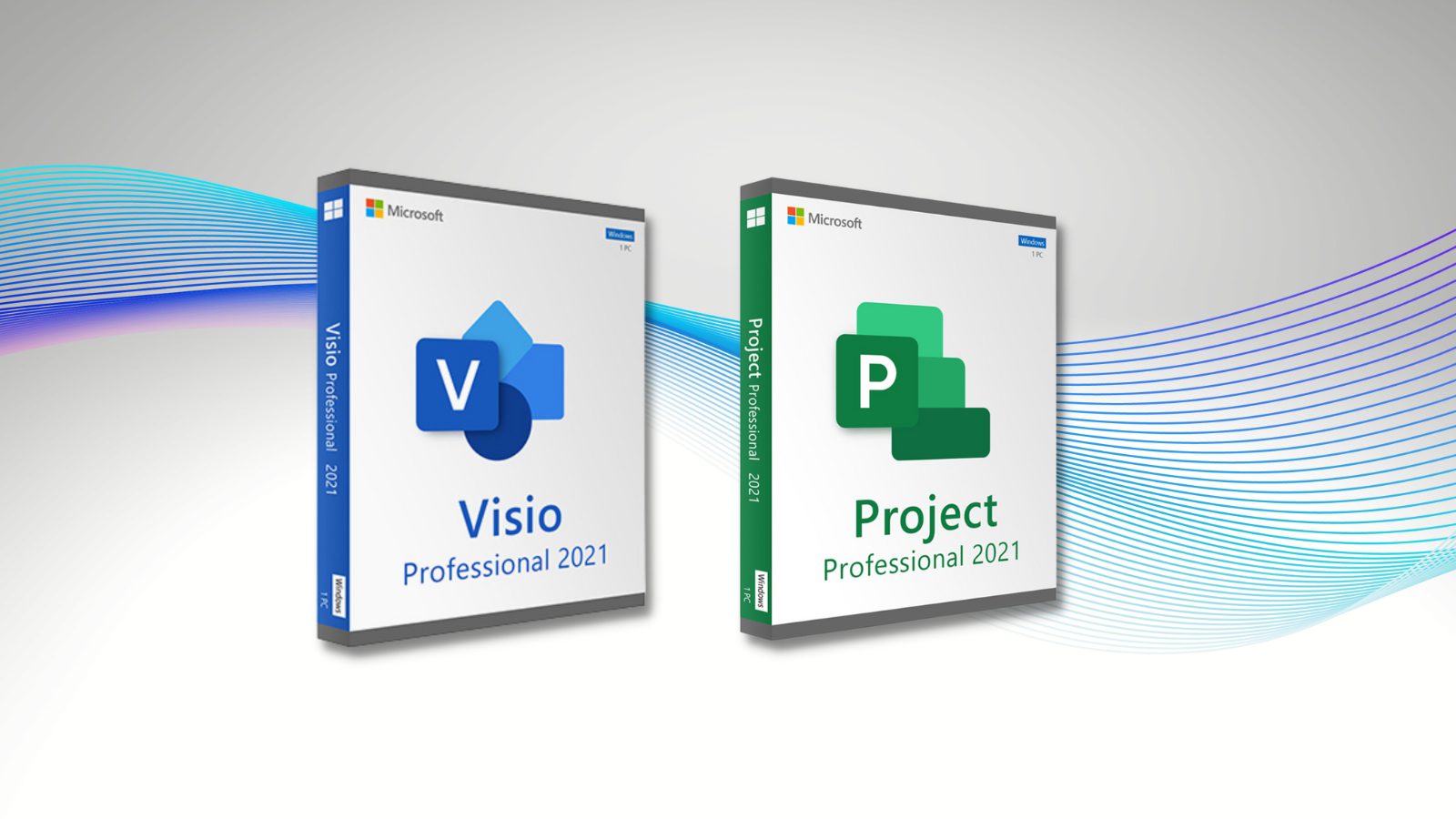 Microsoft Visio and Project Professional 2021 with colorful background graphic