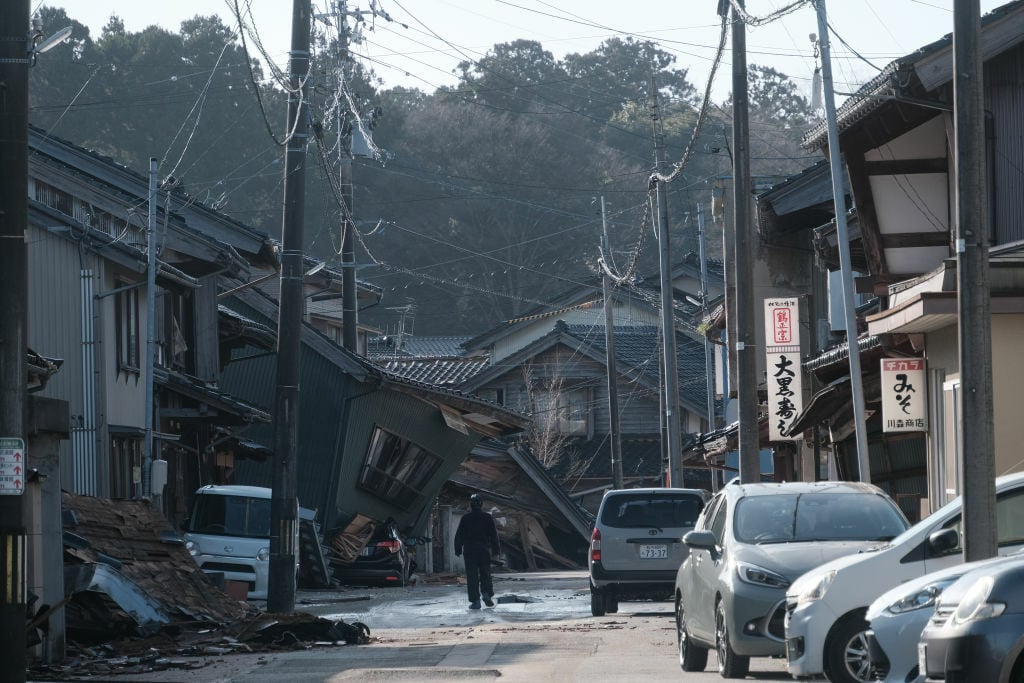 Collapsed houses following an earthquake in Nanao, Ishikawa Prefecture, Japan, on Tuesday, Jan. 2, 2024.
