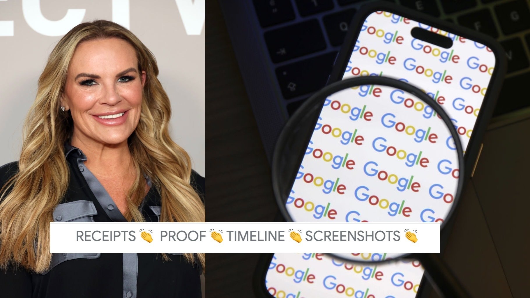 composite of heather gay, google logo on phone and banner of gay's rant in the show