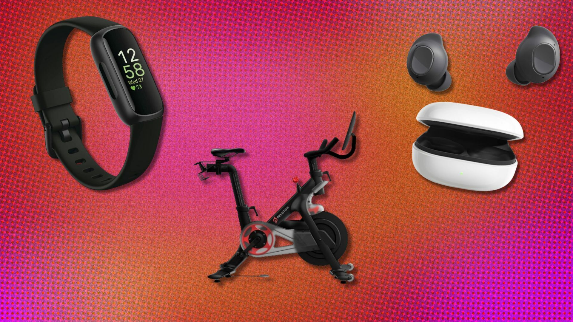 a fitbit watch, peloton bike, and samsung earbuds on a background of pink and orange