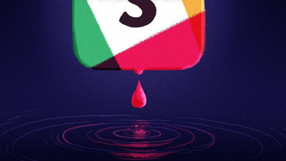 An illustration of the Slack logo leaking a red liquid into a pool of liquid.