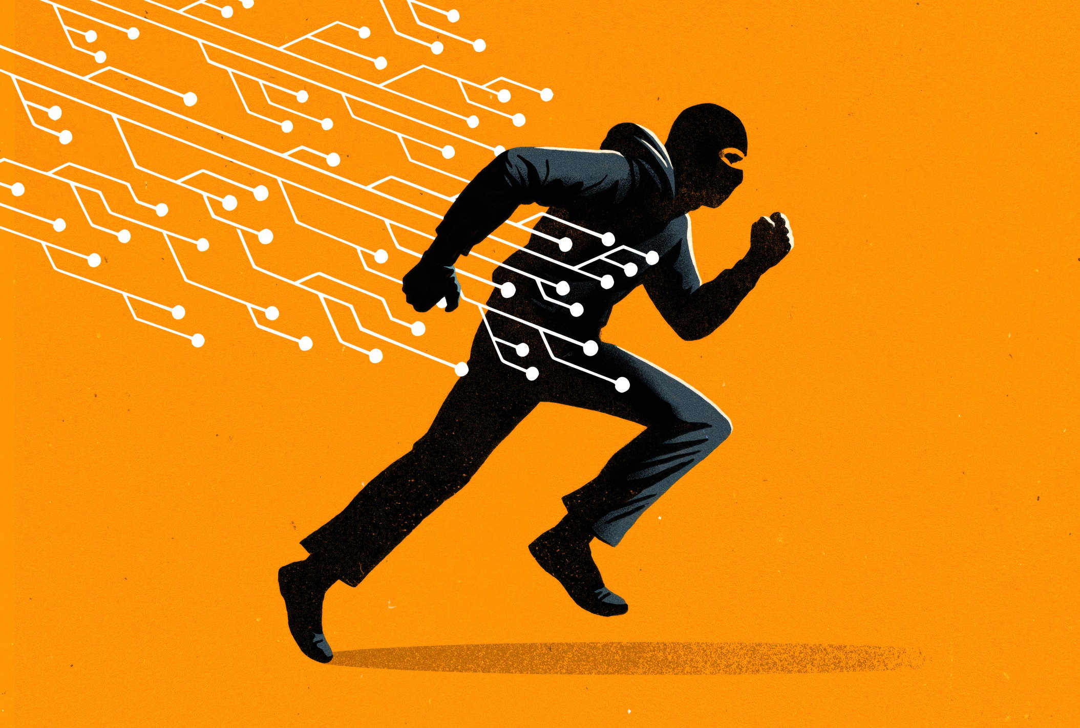 An illustration of a masked thief running while carrying network or technology or circuit board lines.