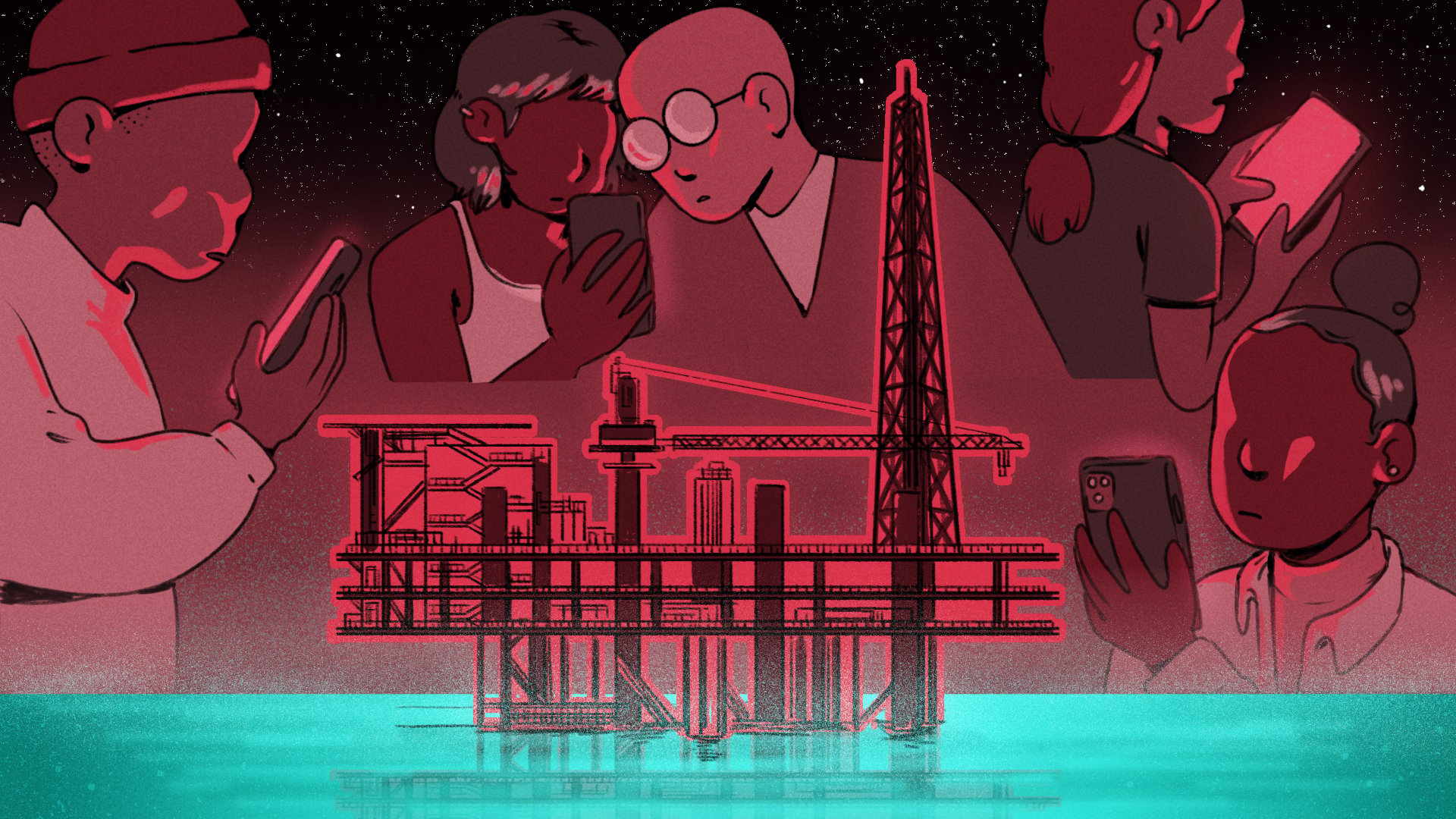 Illustration of an oil rig, in the background people are holding smartphones. 