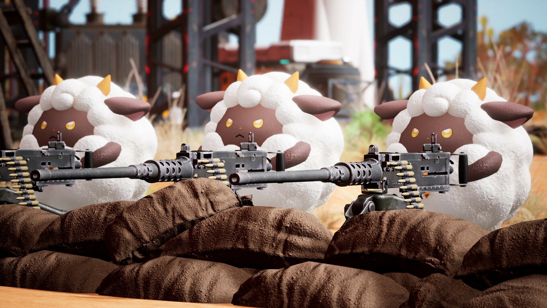Cartoon sheep manning machine gun turrets in Palworld