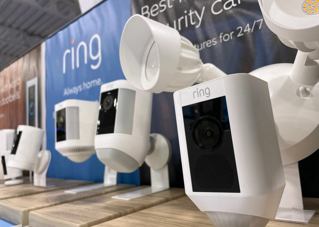 Ring security cameras are displayed on a shelf at a Best Buy store.
