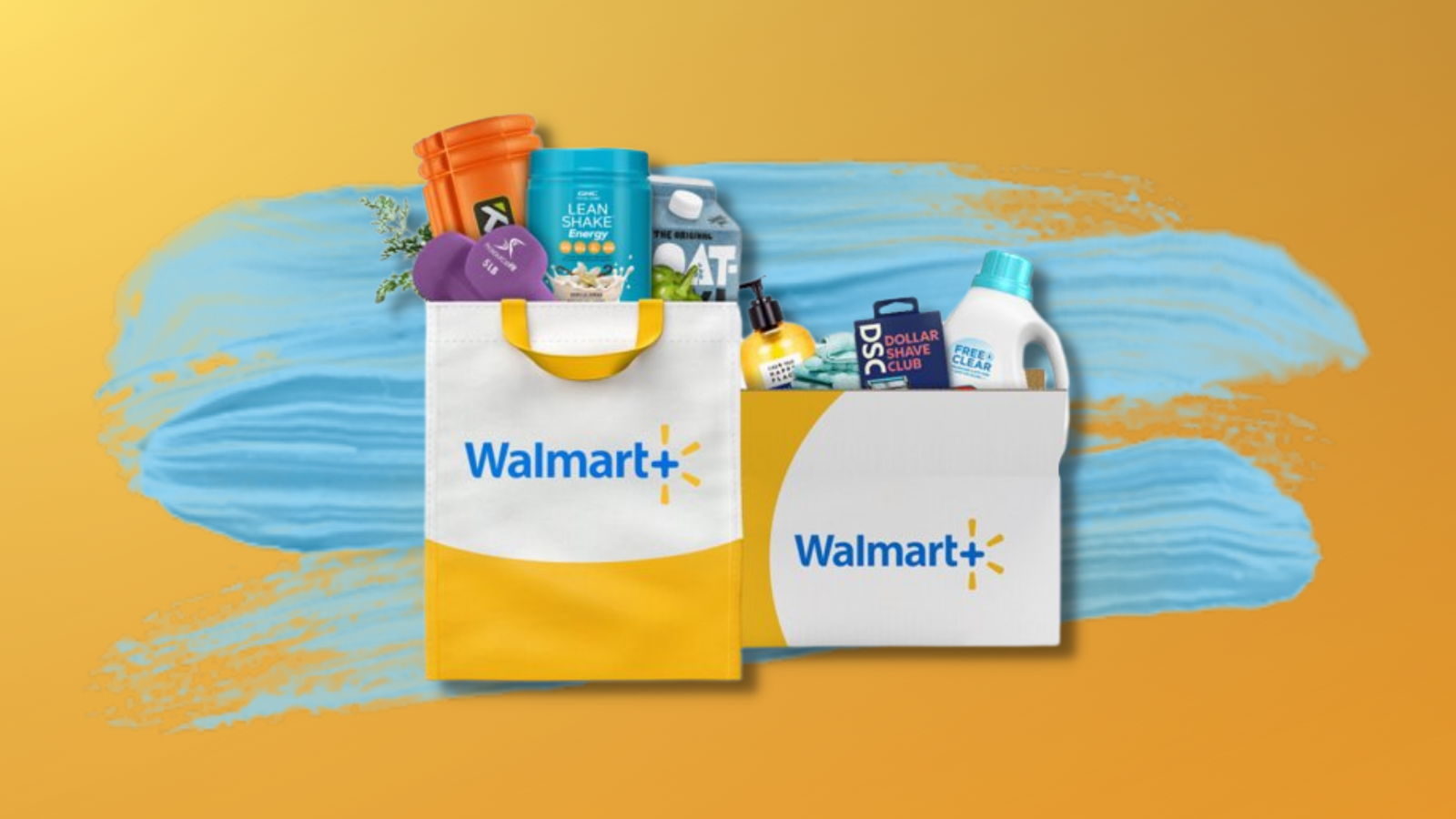 Walmart+ delivery bag and box with groceries and yellow background