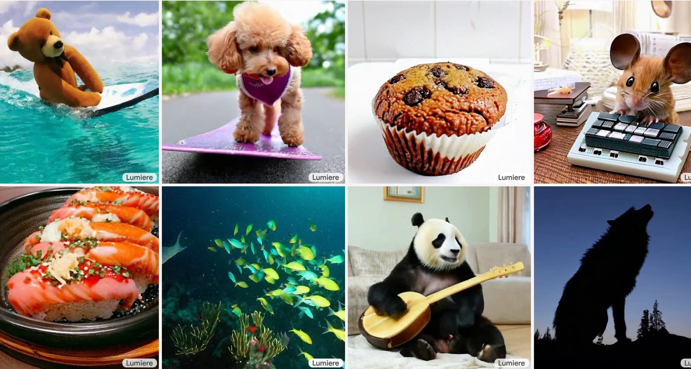 a grid of examples of Lumiere AI-generated videos in a still screenshot 