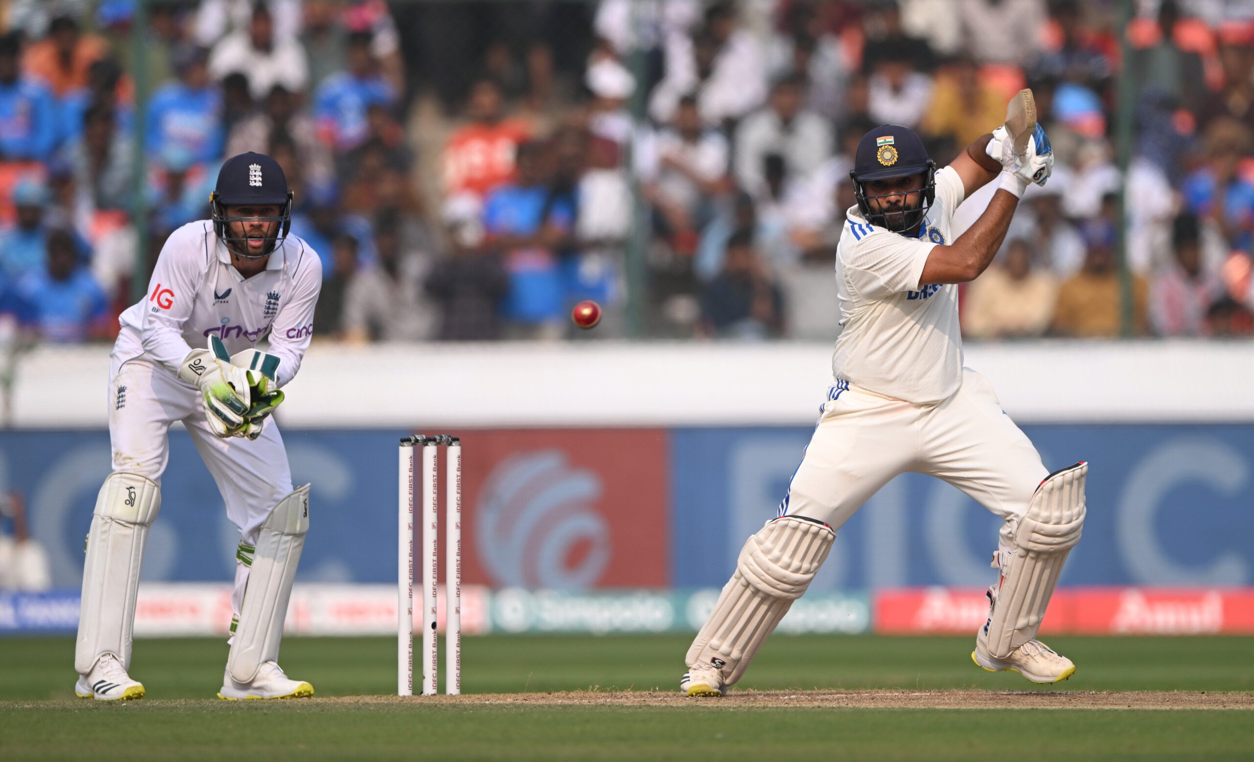 England wicketkeeper Ben Foakes looks on as India batsman Rohit Sharma cuts a ball