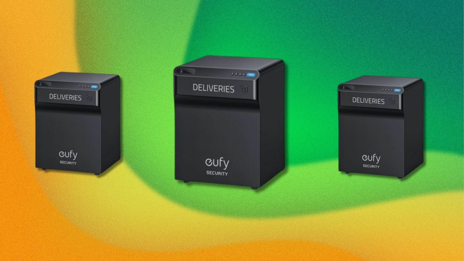 three eufy security smartbrop boxes on a green and yellow wavy background