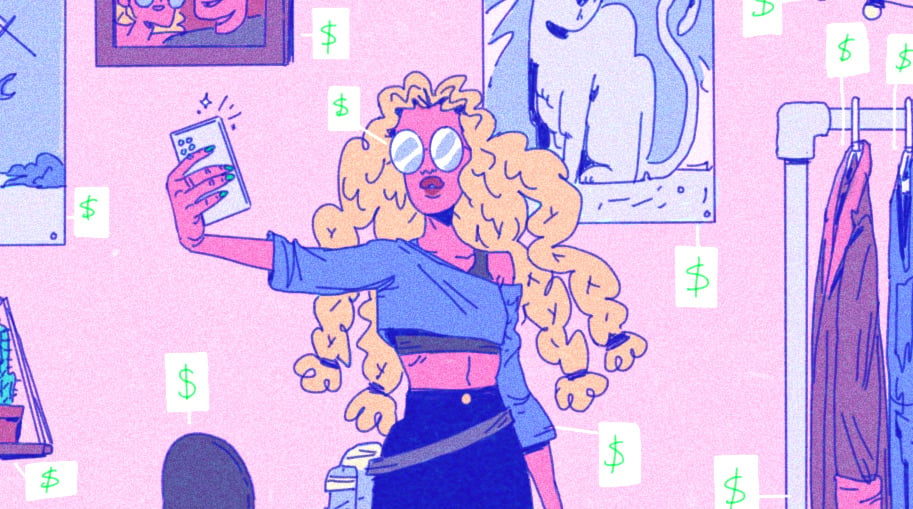 Drawing of a woman with long curly blonde hair in a blue crop top. She is holding her phone in front of her as if taking a photo. Dollar signs pop up around her
