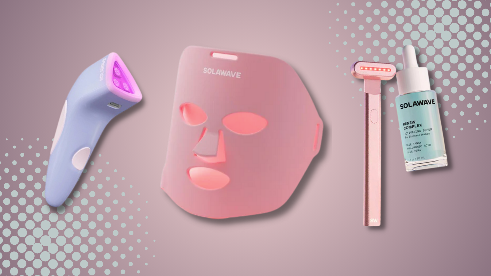 solawave bye acne device, light therapy mask, and skincare wand with colorful background