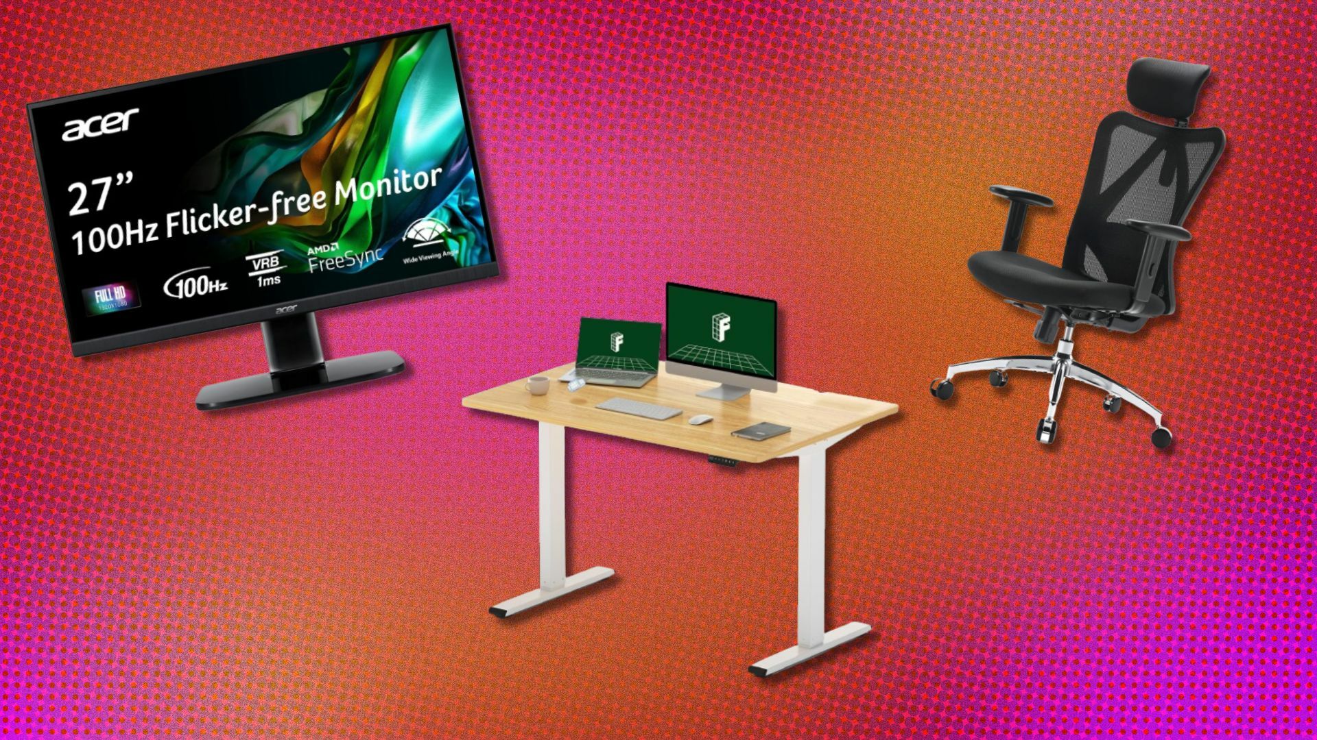 an acer monitor, adjustable office desk, and office chair on a pink and orange background