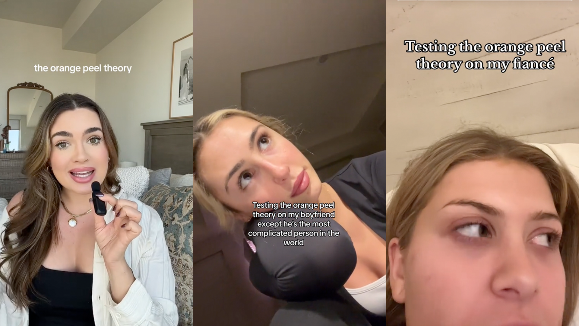 screenshots of tiktok users with text about orange peel theory