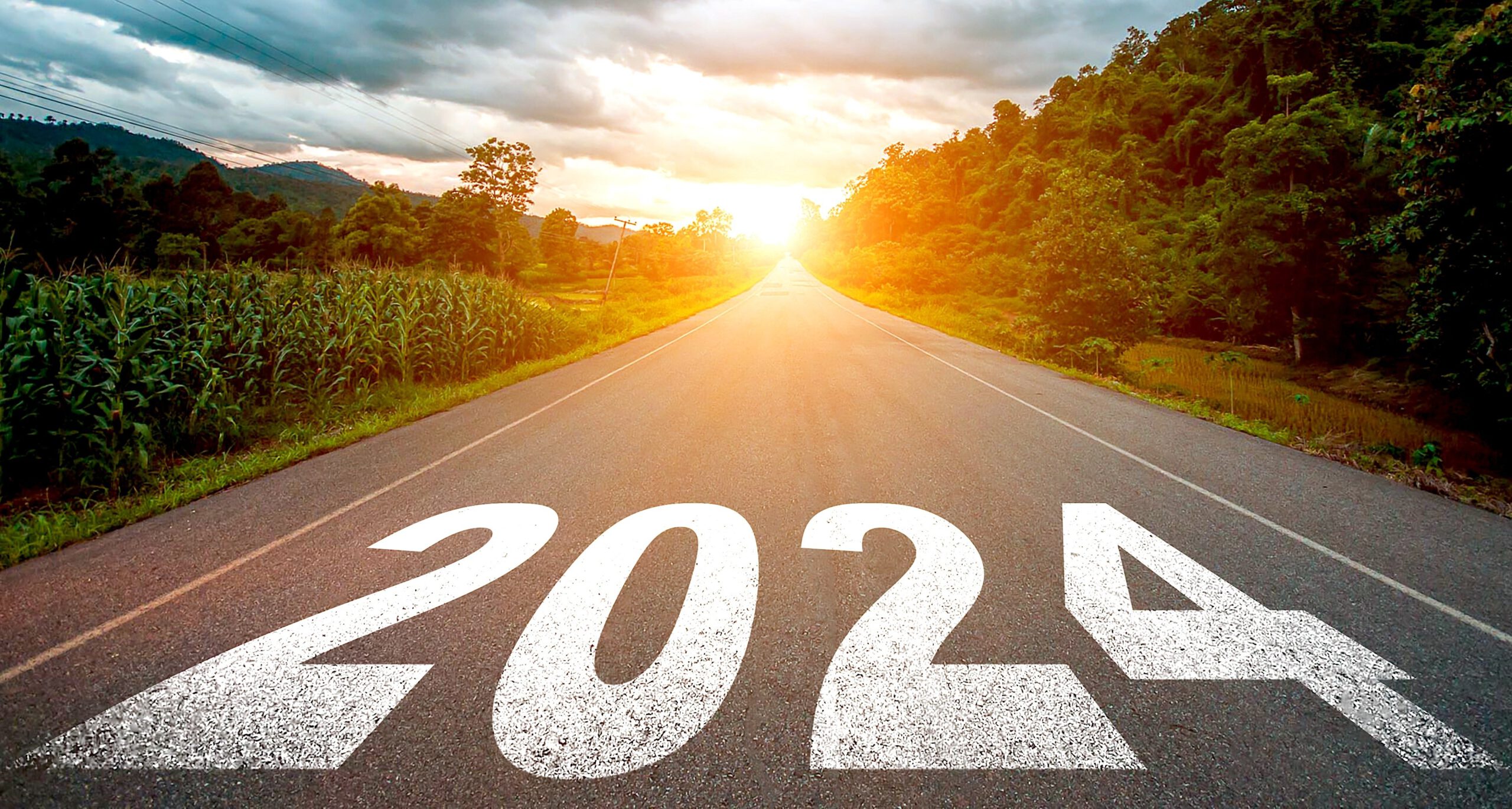 2024 written on a road heading towards the sun.