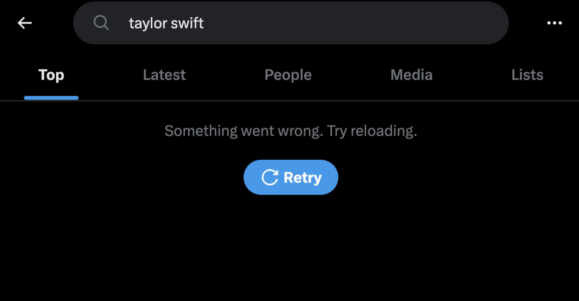 taylor swift search on x with text "something went wrong. try reloading" error text below.