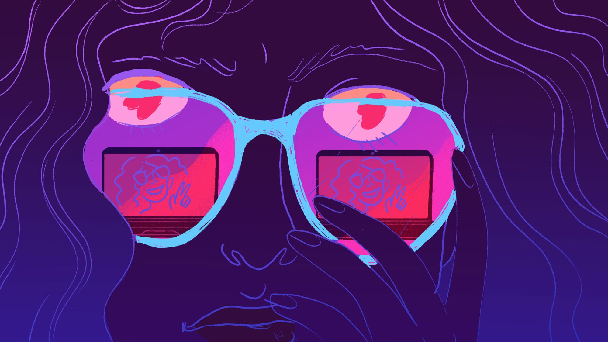 Illustration of sunglasses with computer screen reflected in the lenses. 
