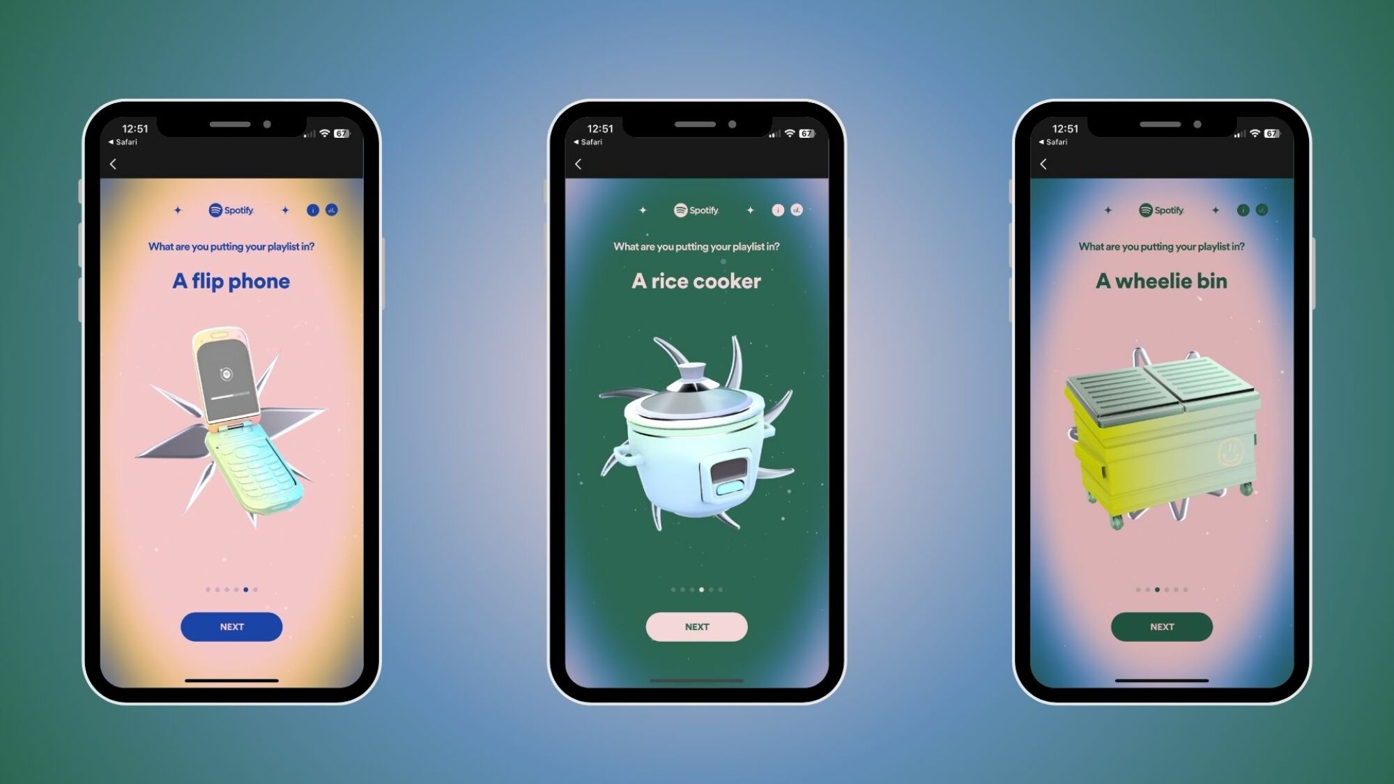 Three phones showing Spotify's objects for the "Playlist in a Bottle"