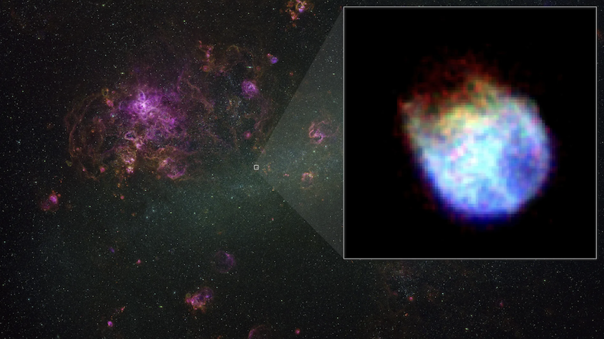 The inset on right shows a close-up of supernova remnant N132D.