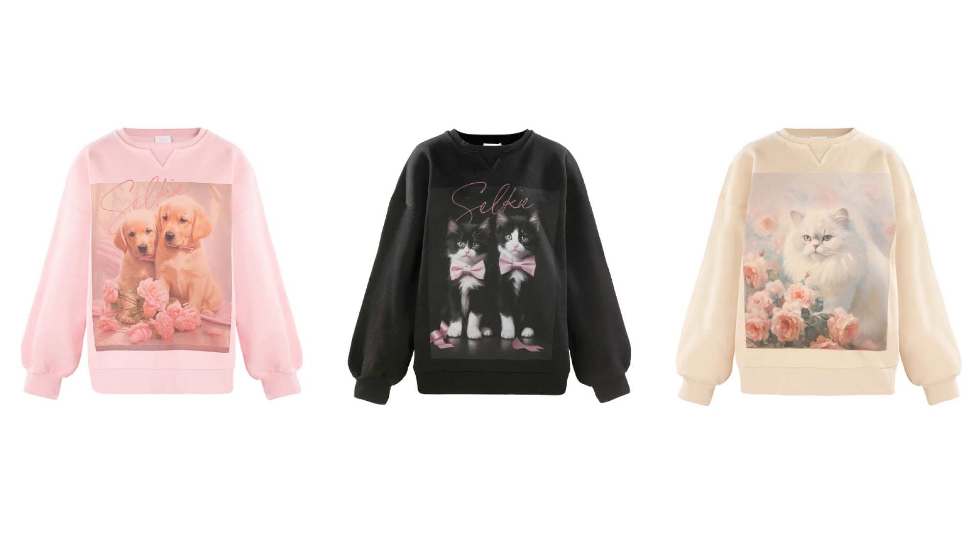 Three sweaters from Selkie's 2024 Valentine's Day collection. Each features a print of either cats or dogs, created using "a mix of digital hand painting, AI technology, and vintage art."