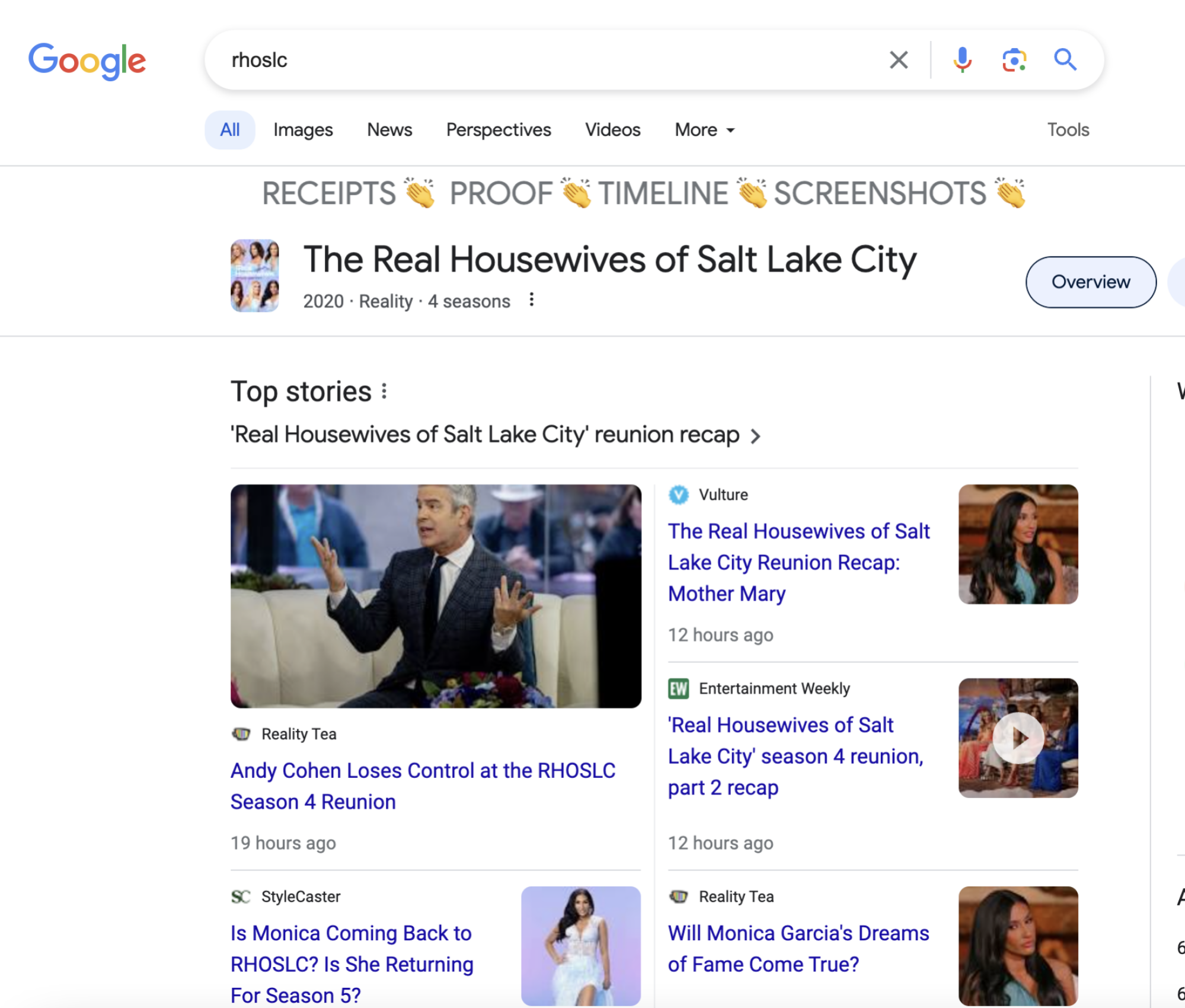 screenshot showing a google search and a banner reading RECEIPTS 👏 PROOF 👏 TIMELINE 👏 SCREENSHOTS 👏