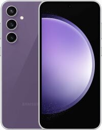 Front and back view of purple Samsung Galaxy S23 FE phone with purple circle on screen