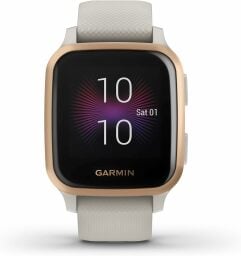 a white garmin venu sq music watch on a white background. The watch face displays the time of 10:10am