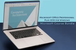 laptop with Microsoft Office app on screen and blue background