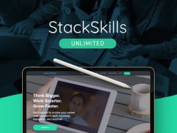StackSkills Unlimited logo with tablet and stylus open to software