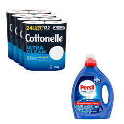 Cottonelle toilet paper and and Persil laundry detergent on white background