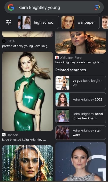 google image search of Keira Knightley showing an AI-generated image of the actress