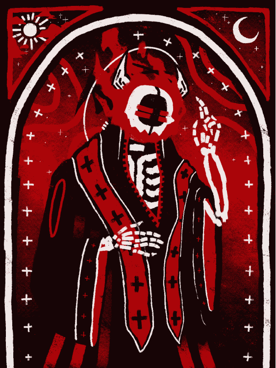 A GIF of a skeleton-form with horns, wearing robes of priesthood, in red and black.