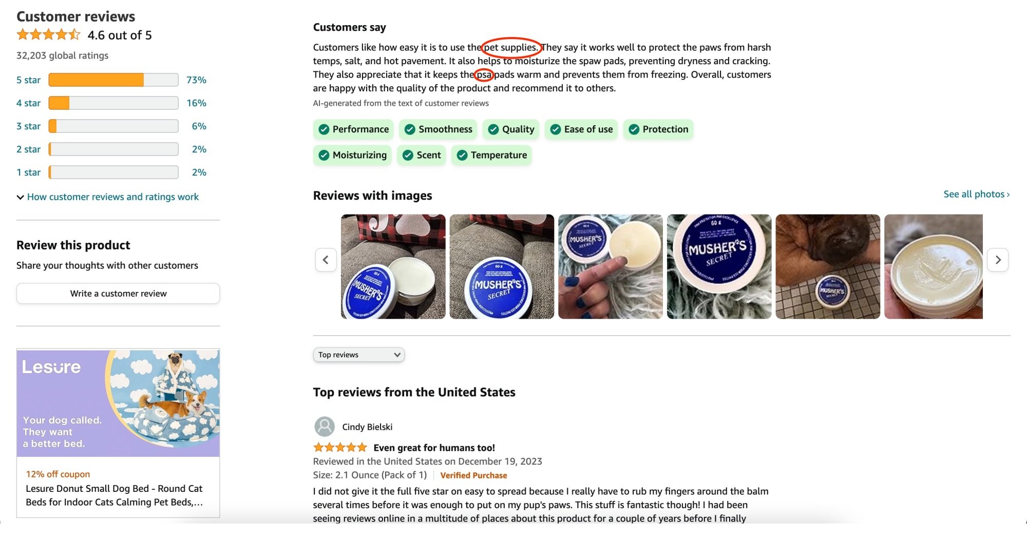 AI-generated product review summary of Musher's Secret showing typos