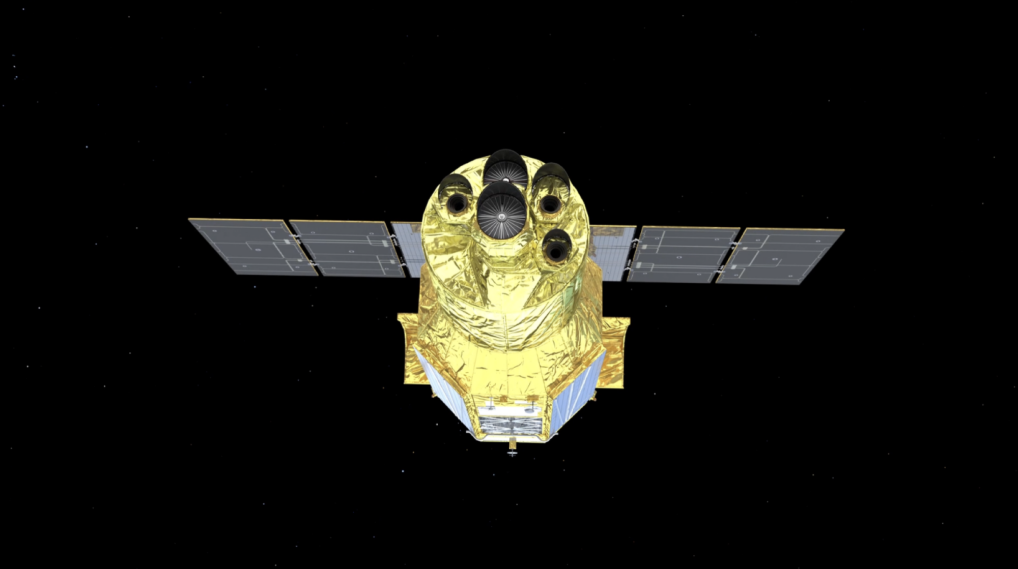 An artist's conception of the XRISM satellite in orbit. 