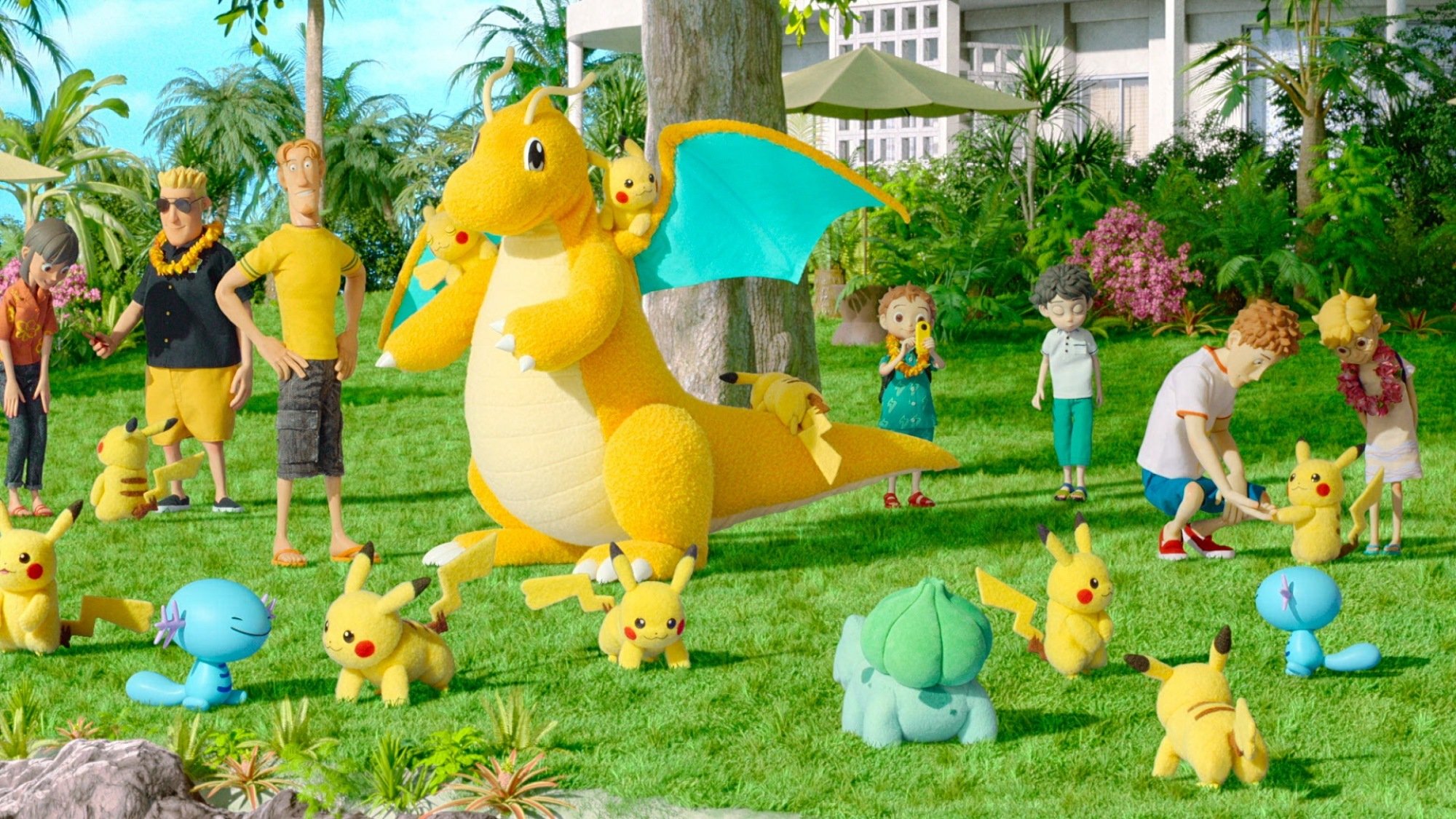 A group of Pokemon, mostly Pikachu, play on a resort lawn.